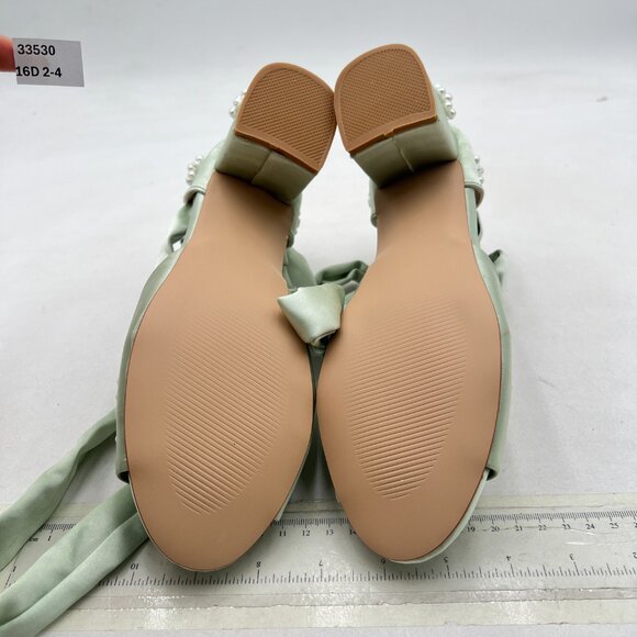 XYD Light Green Open Toe Pearl Flower Ribbon Ankle Strap Chunky Heel Sandal - Picture 6 of 7